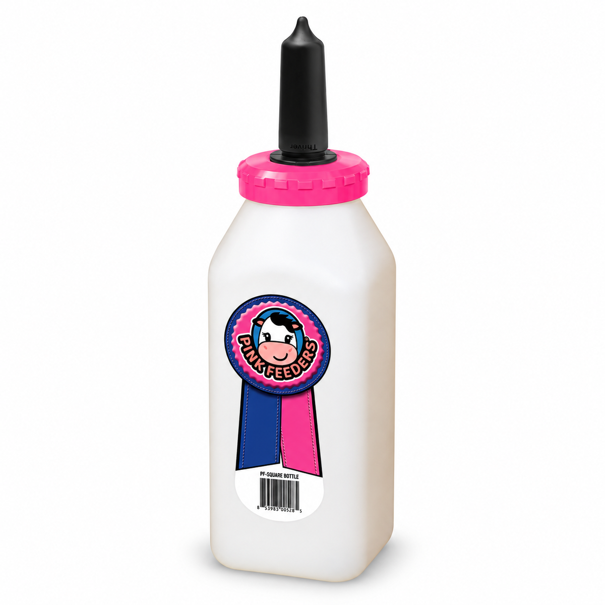 Pink Feeders square 2 quart calf nurser bottle with threaded cap ring and teat