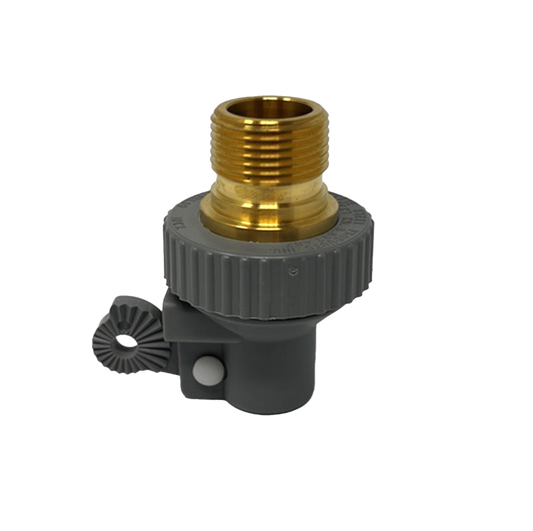 Brower VP221 low pressure valve, side view of the grey body with the brass base and 3/4 inch thread