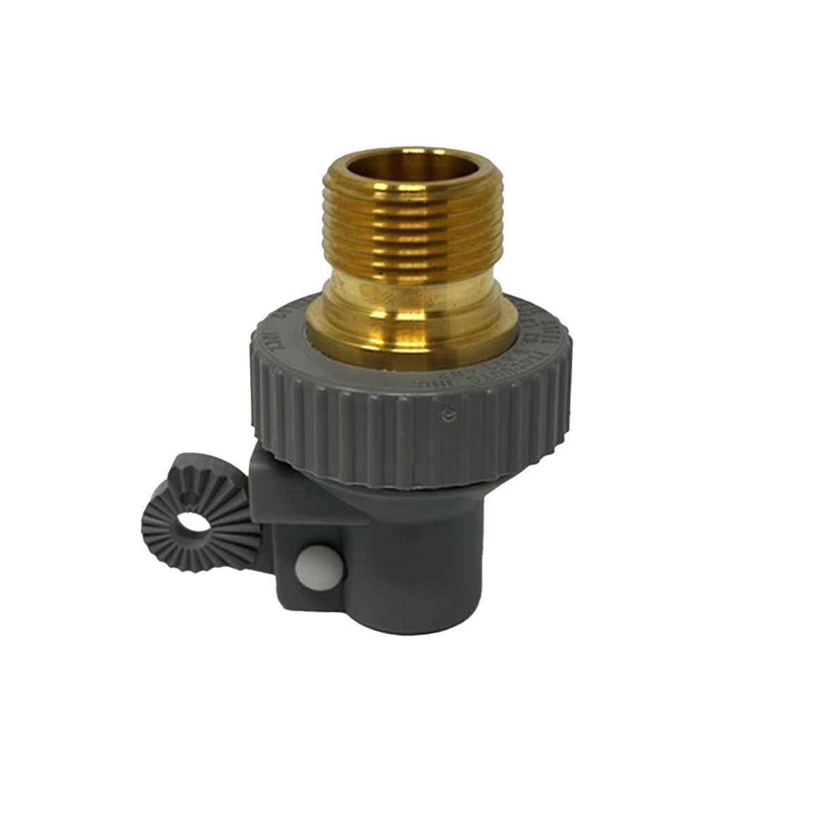 Pride of the Farm VP221 low pressure valve, side view of the grey body with the brass base and 3/4 inch thread